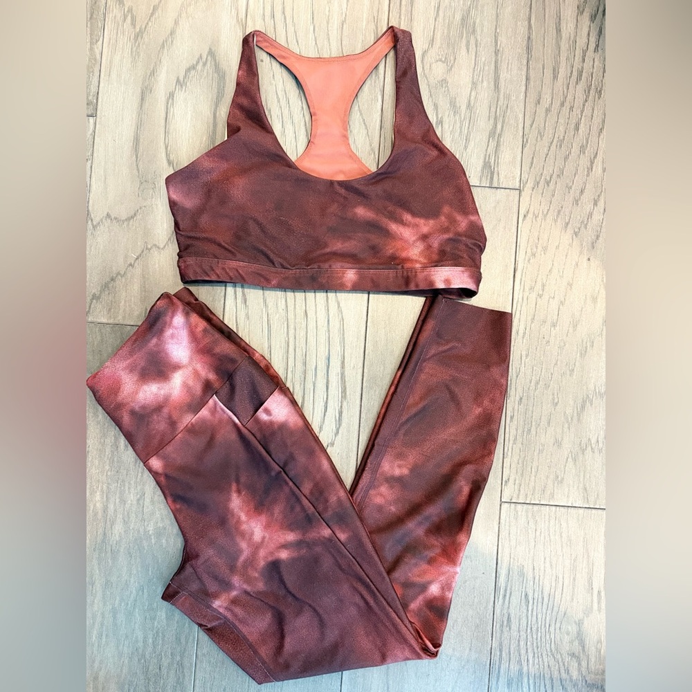 MPG Maroon Tie-Dye Leggings and Sports Bra Set